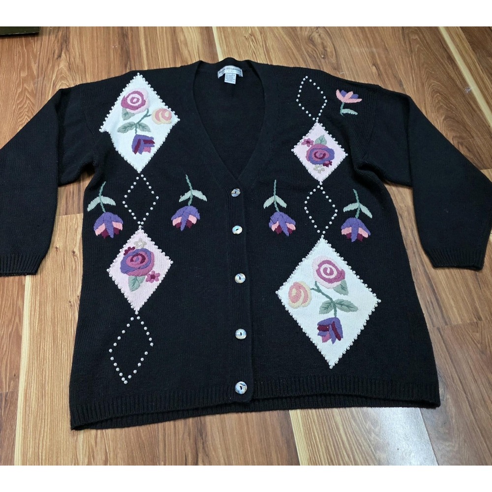 Vtg Maggie Lawrence Cardigan Sweater Womens 18/20‎ Black Floral Beaded Cottage